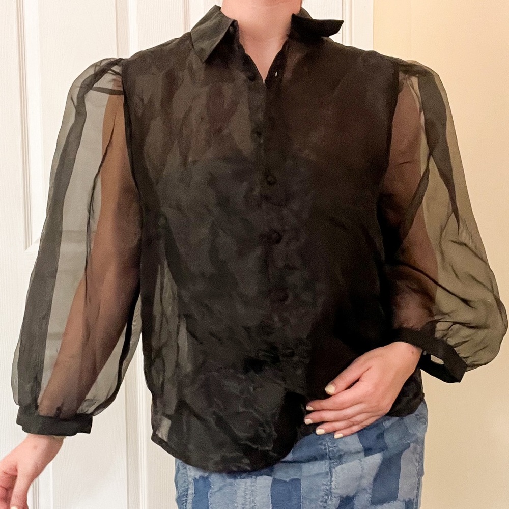 Stradivarius 🖤 Size Large Women’s Black Long Sleeve Sheer Blouse Collared